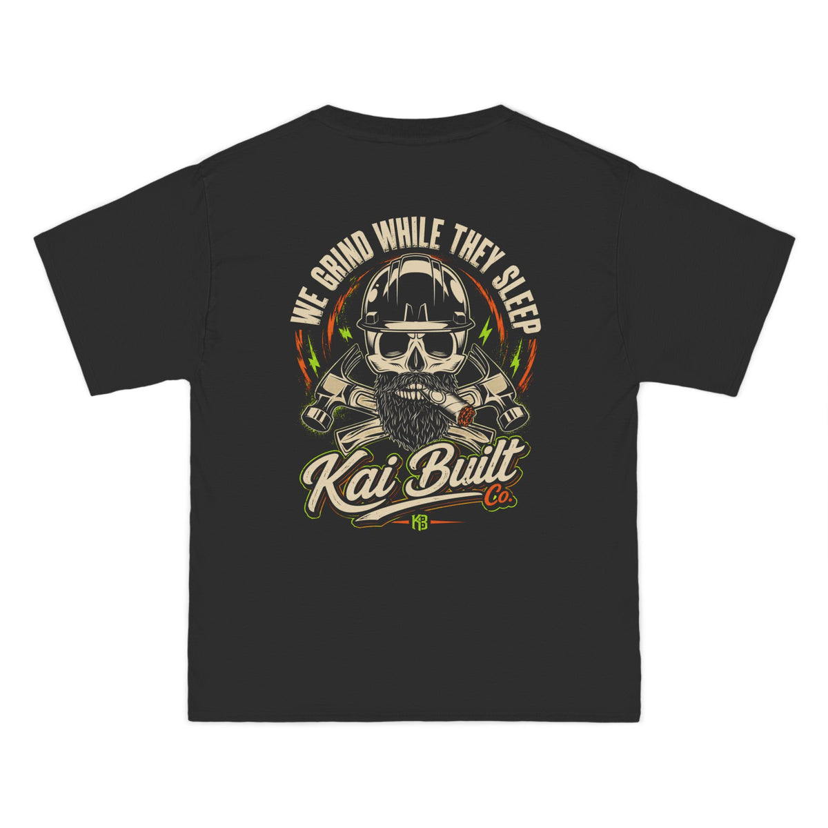 Back of We Grind While They Sleep black workwear t-shirt with graphic by Kai Built Co