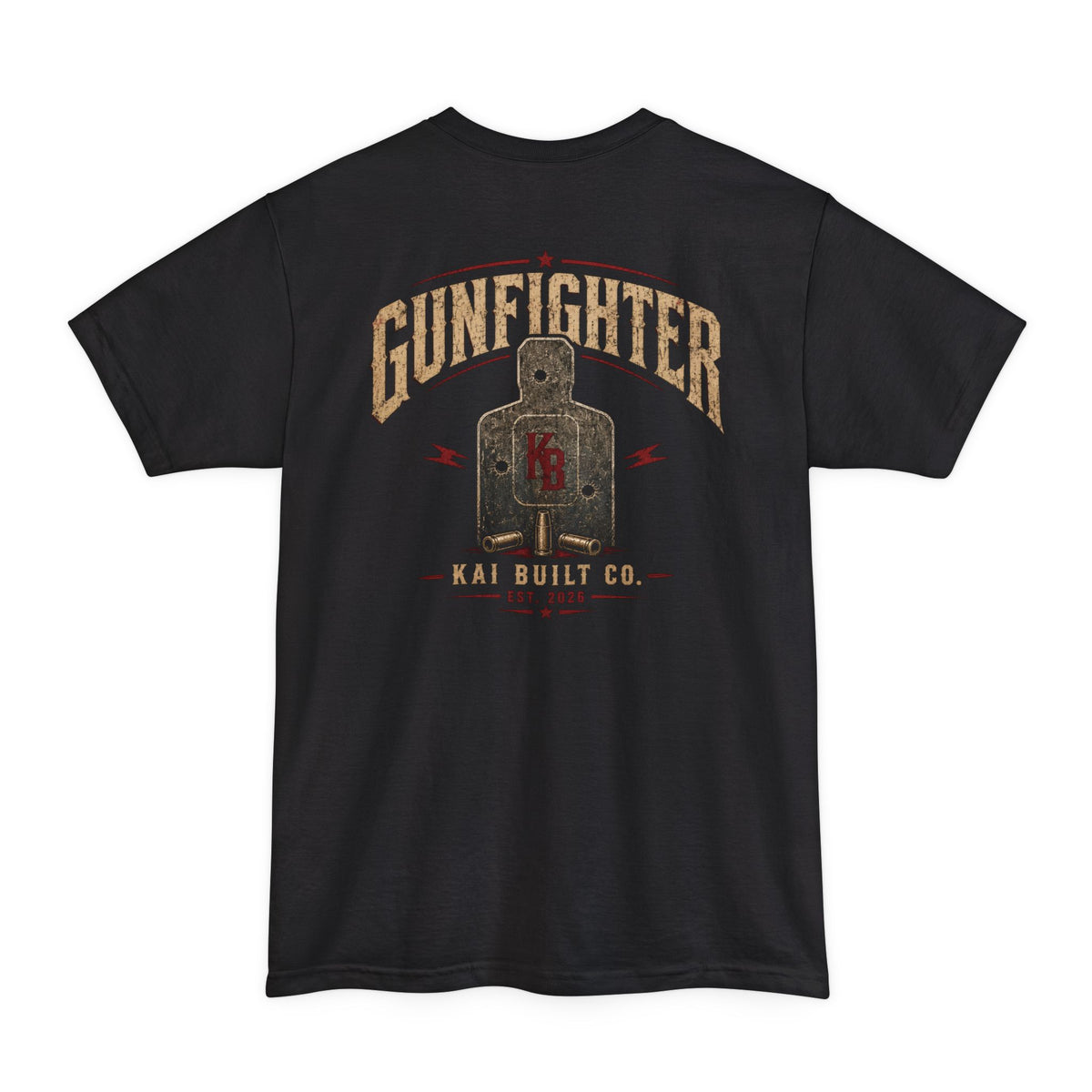 Back of Gunfighter Tall black shooting t-shirt with firearm graphic by Kai Built Co