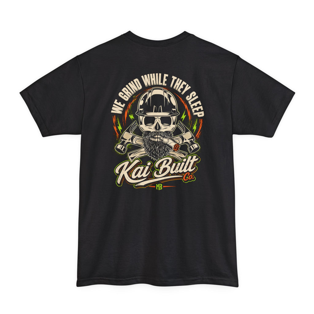 Back of We Grind While They Sleep Tall black workwear t-shirt with graphic by Kai Built Co